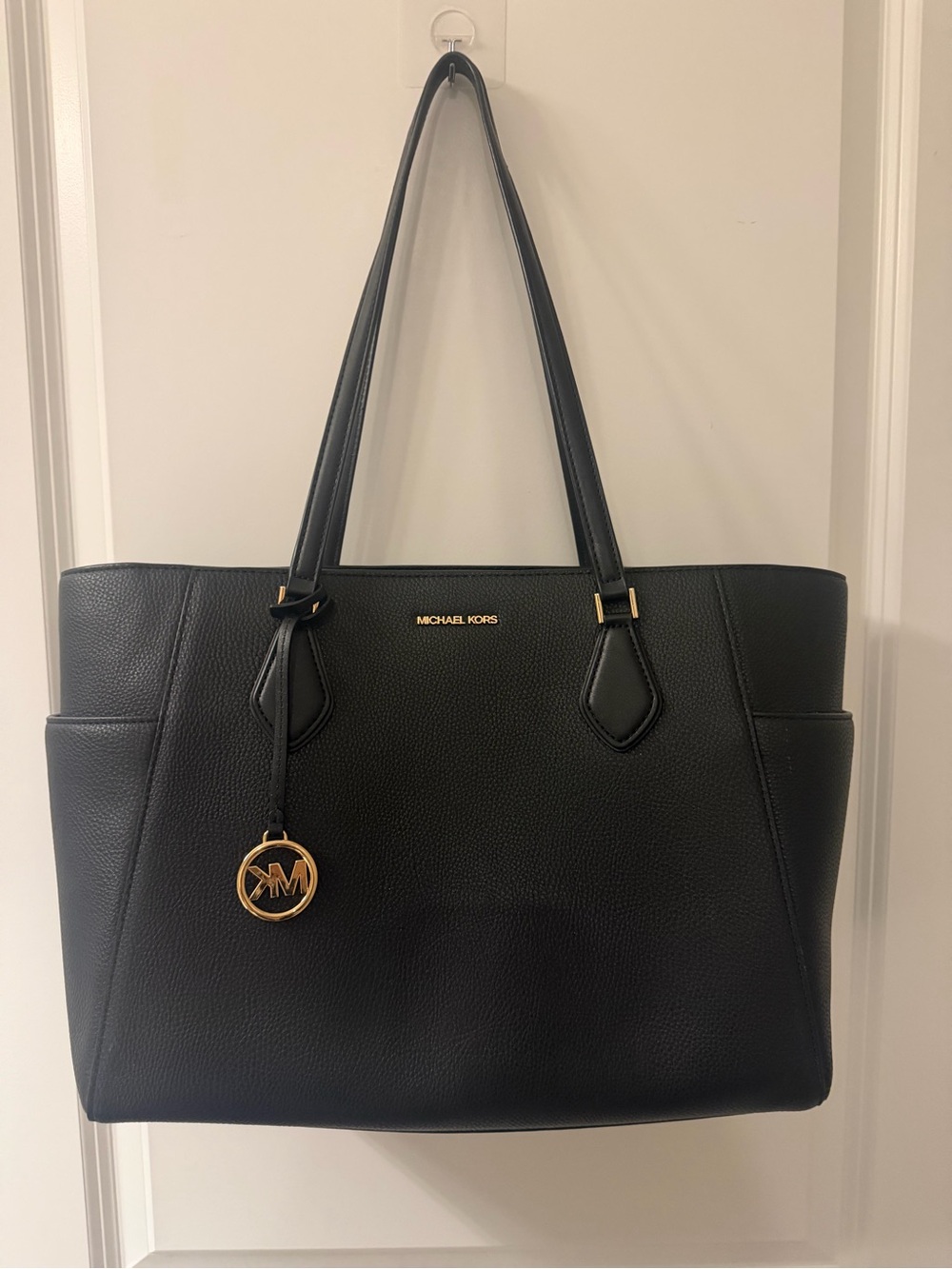 Michael Kors Black Leather Tote with Gold MK Charm